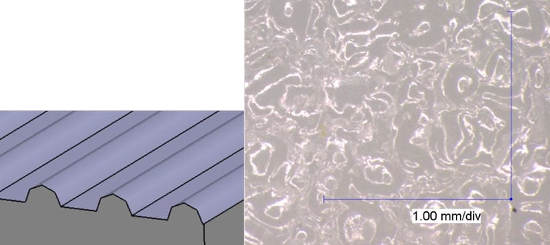 Abbildung Stegstruktur (Abstand der Stege 50µm); Erodierstruktur VDI3400 K36